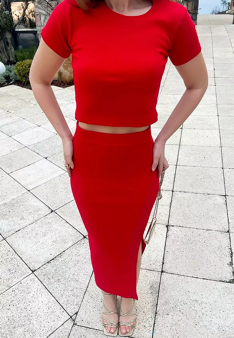 Short Sleeves Crop T-Shirt & Slit Midi Skirt Set