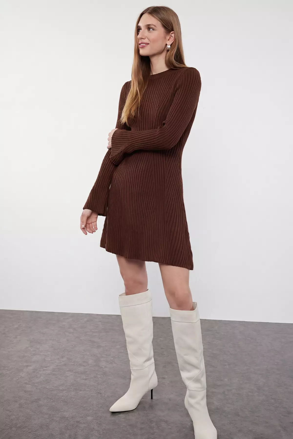 Brown Plain Extra Short / Super Mini Knitwear Dress Twoaw25El00030