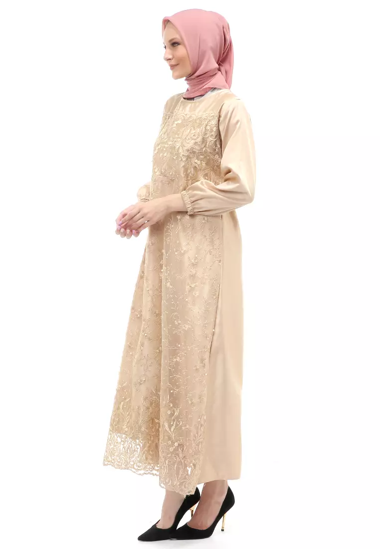 Monita Gamis Brokat Tile Wanita Muslimah Regular Fit - Mocca