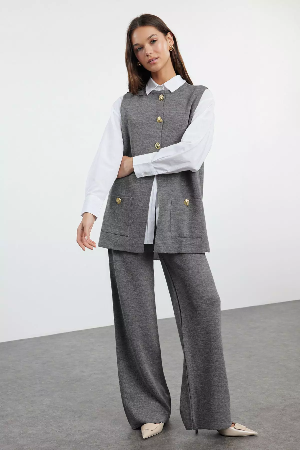 Anthracite Wide Fit Button Detailed Vest Pants Knitwear Top And Bottom Set