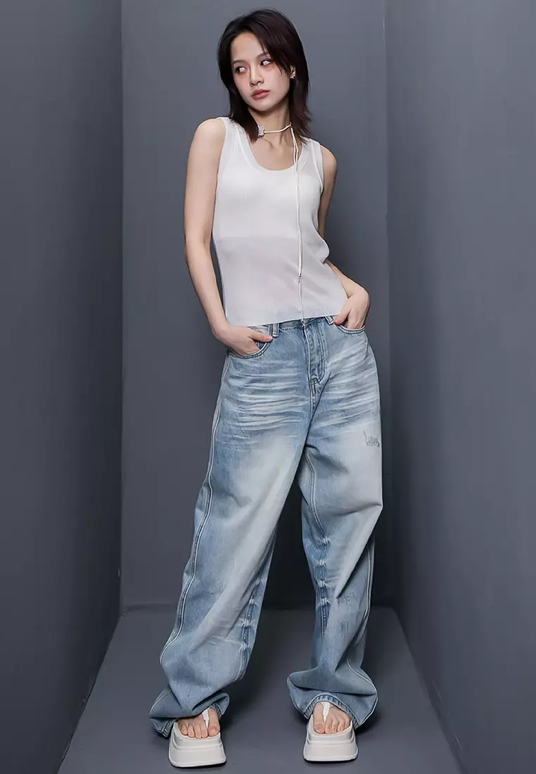Vintage Wash Distressed Wide-Leg Jeans