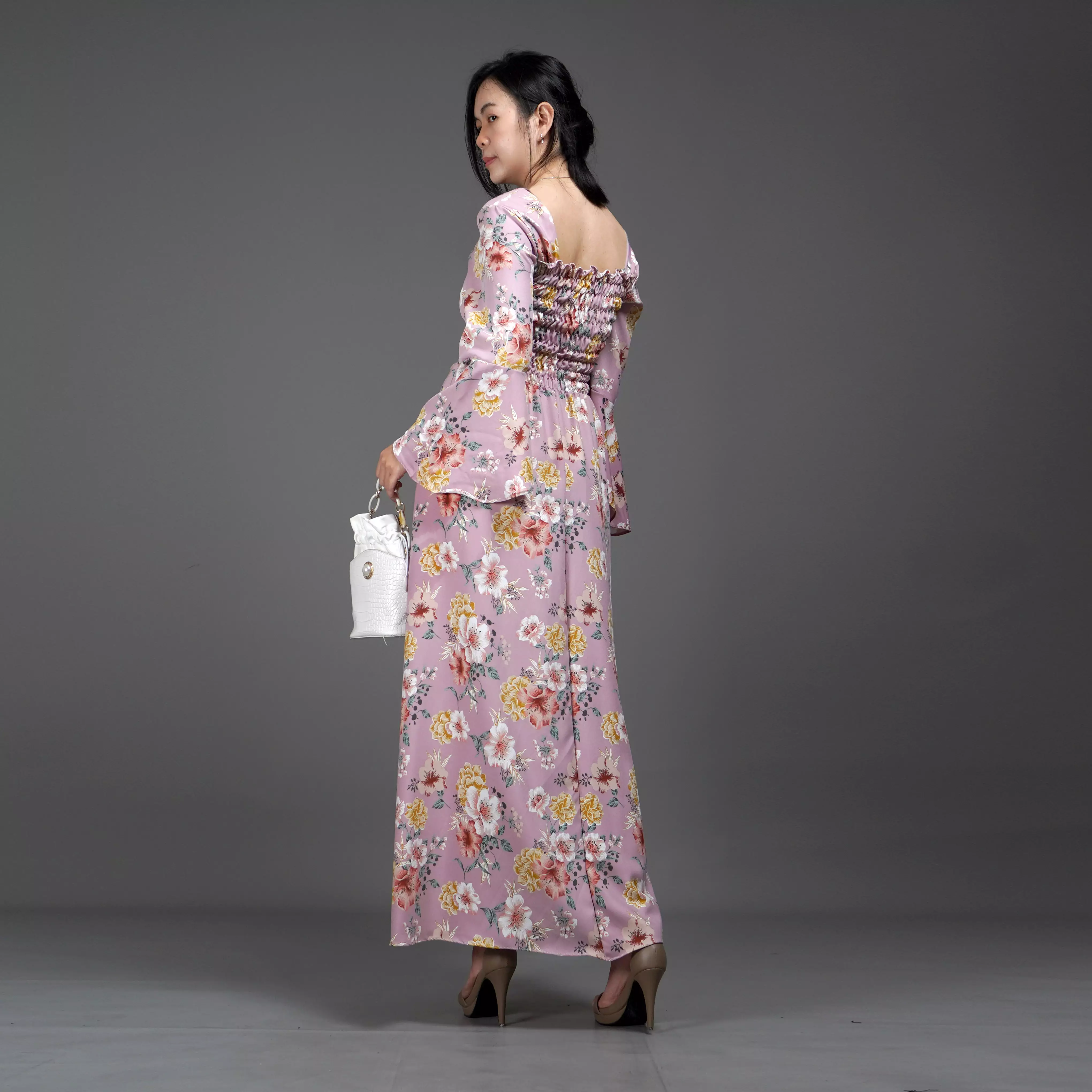  CLOVERIA Long Dress Motif Bunga Gaya Korea Dress Wanita Korean Style - Pink