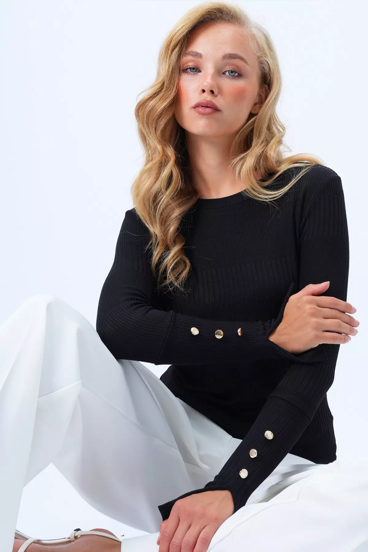 Women's Black Crew Neck Self-Patterned Button Detailed Basic Mercerized Blouse Alc-X14417