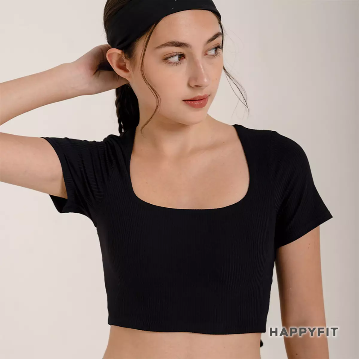 HAPPYFIT Sports Bra Ribbed Padded Bra Crop T-shirt - Cool Black