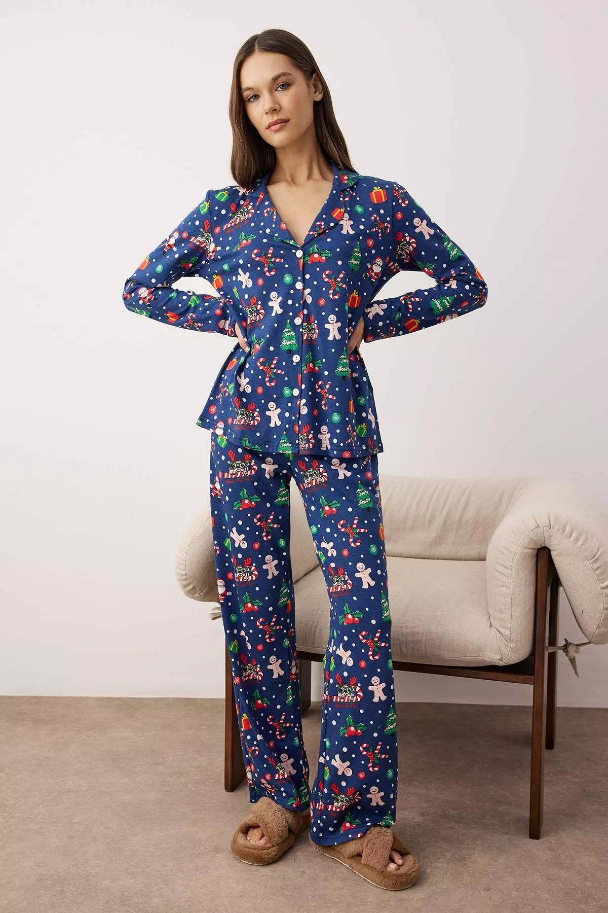 Navy Blue 100% Cotton Christmas Themed Knitted Pajama Set