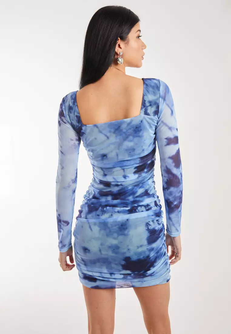 Pink Vanilla Blue Long Sleeve Tie Dye Mesh Mini Dress