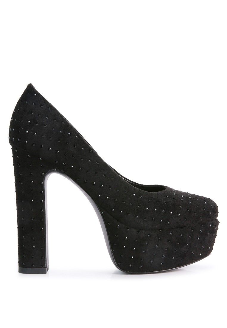 Black Diamante Platform Heel Block Pumps