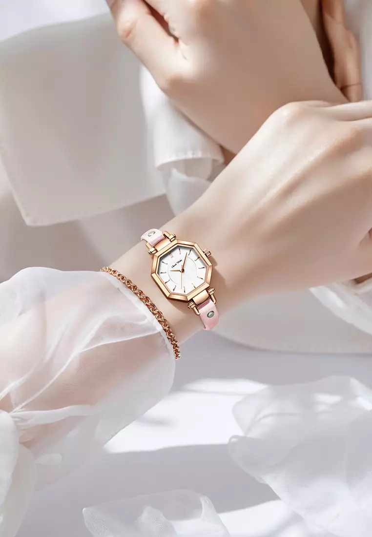 Jam Tangan Wanita Korea Anti Air Original Kuarsa Wanita Tali Kulit Jam Tangan Cewek Kotak Indah Pink