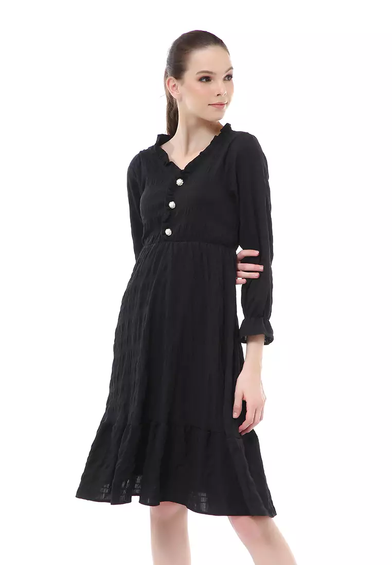 Rachel Dress Kasual Wanita Lengan Panjang Model Simple Material Chiffon ORIGINAL - Black