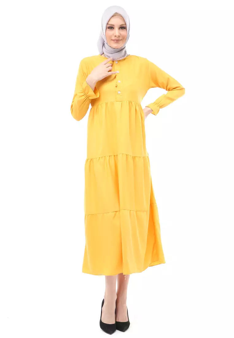 Alvia Gamis Rempel Panjang Wanita Motif Polos Long Sleeve Regular Fit - Mustard