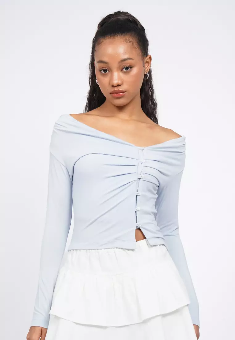 Buttoned Off Shoulder Long Sleeve Top