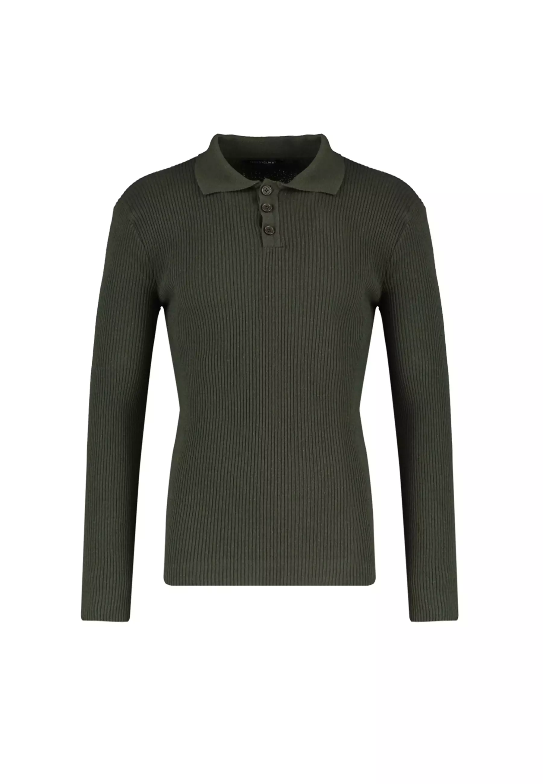 Slim Fit Buttoned Polo Neck Corduroy Knitted Sweater