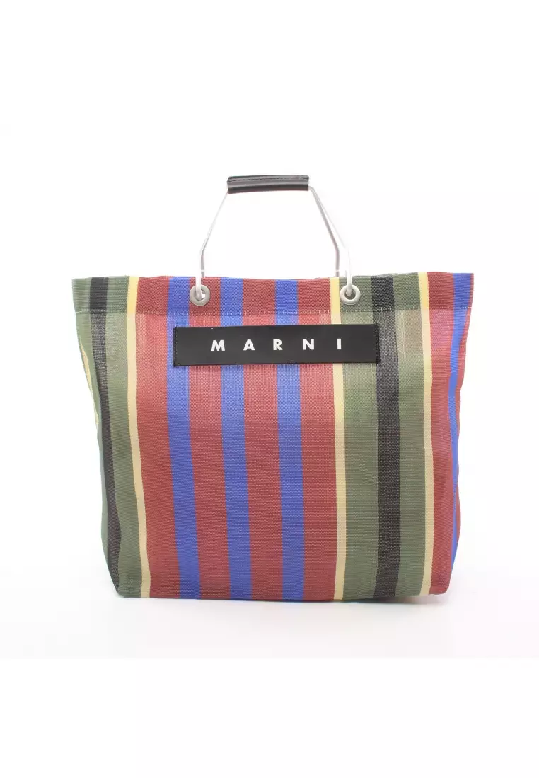 Pre loved MARNI FLOWER CAFE flower cafe striped bag Handbag tote bag Nylon leather multicolor