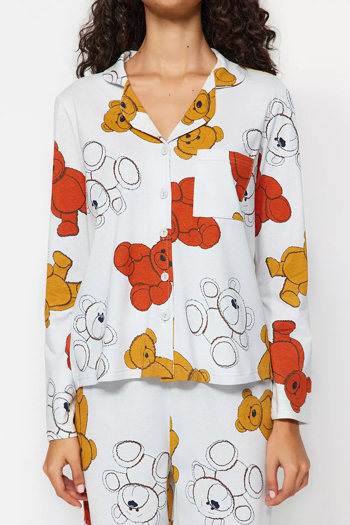 Gray Melange 100% Cotton Teddy Bear Shirt-Pants Knitted Pajama Set