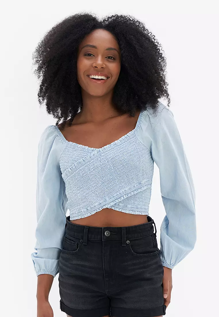 Blue smocked top cheap