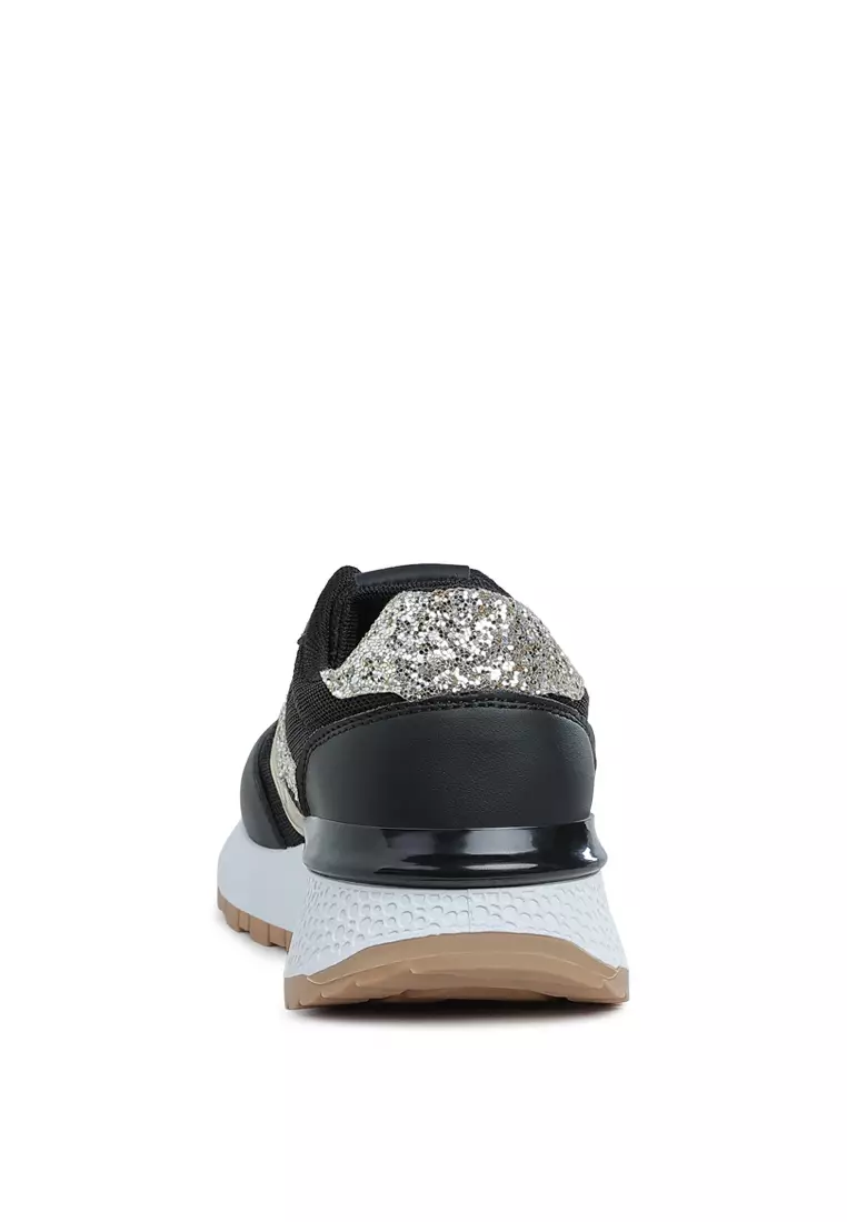 Sepatu Kets Chunky Berdetail Glitter dalam Warna Hitam & Emas