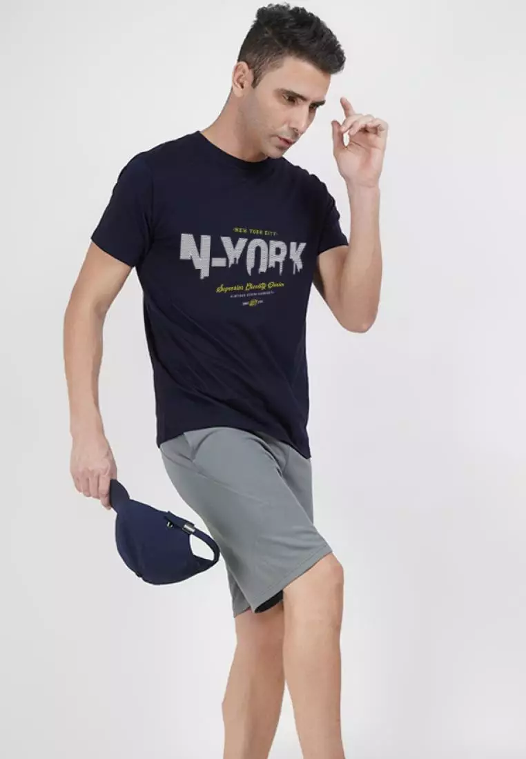 N-York Print Graphic Navy Blue Cotton Short Sleeve Crew Neck Relaxed Tee