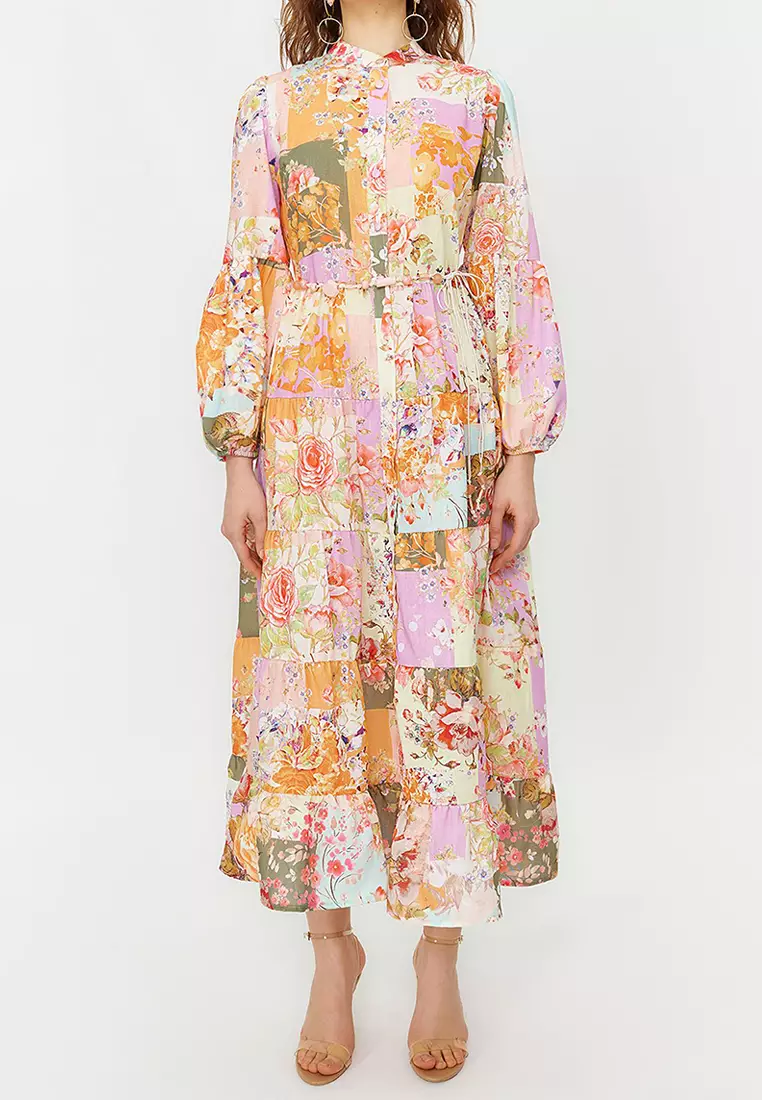 Multicolored Floral Patterned Linen Look Woven Dress with Belt Detail TCTSS24EB00042