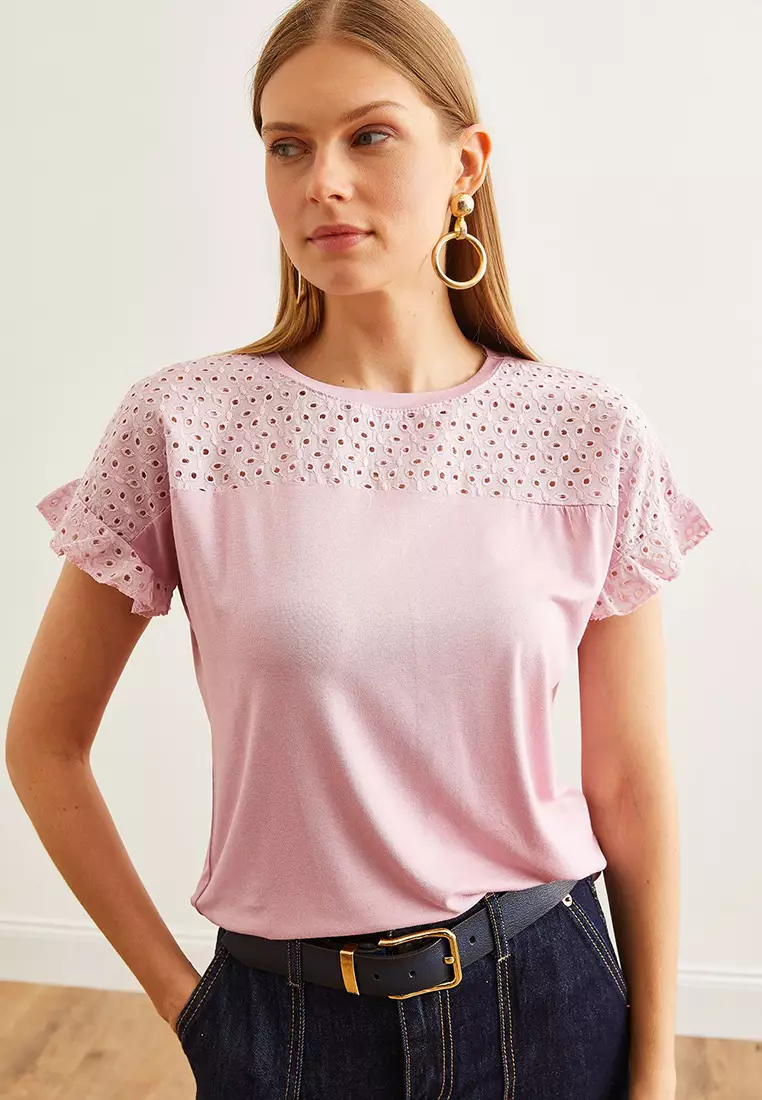 Women's Dried Rose Top Scallop Sleeve Flounce T-Shirt BLZ-19000979