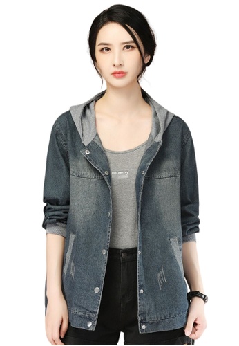 A-IN GIRLS blue Casual Panel Hooded Denim Jacket 43693AAB0F4775GS_1