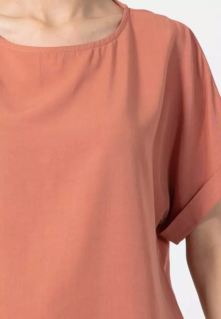 Forest Ladies Rayon Lyocell Casual Plain Blouse Women Short Sleeve Blouse - 822416-68Coral