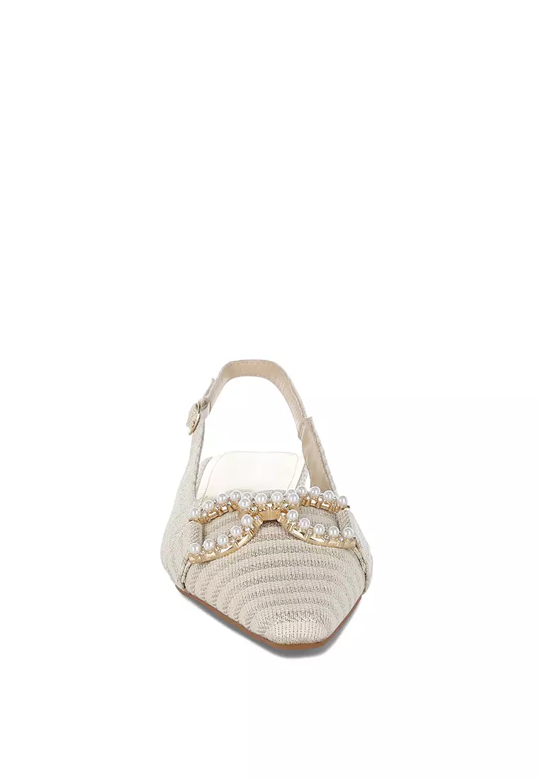 Pearl-Detailed Horsebit Woven Flats In Gold