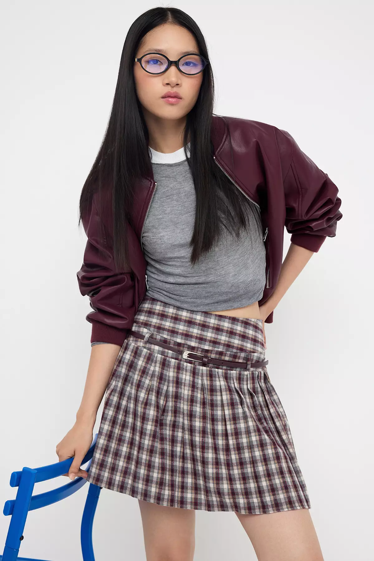 Teen Burgundy Belted Plaid/Checked Winter Mini Skirt Twoaw26Et00056