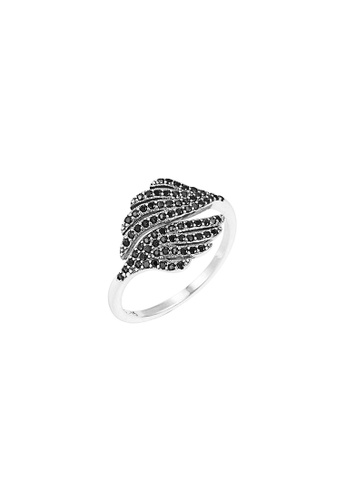 ZITIQUE black Women's Black Diamond Studded Leaf Open Ring - Black 55258AC2E712A1GS_1