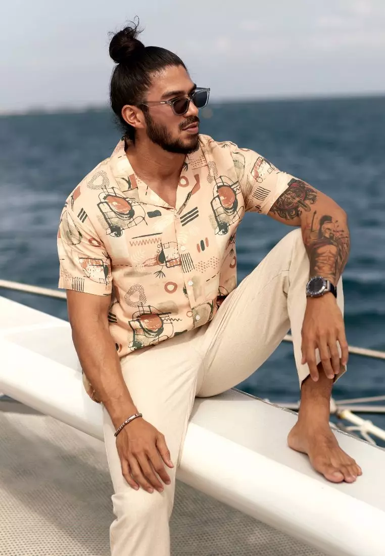 Hawai Kemeja Rayon Lengan Pendek Pria Krem Motif | Rayon Short Sleeve Shirt Man Patterned Cream