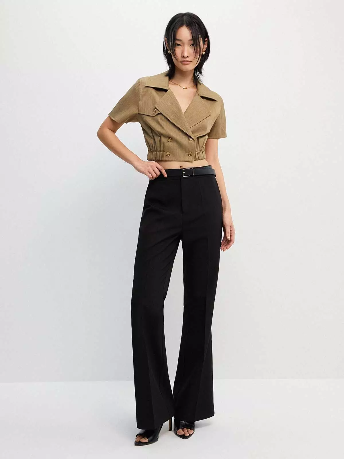 Pomelo - Blouse Wanita - Double Breasted Short Sleeve Jacket - Brown