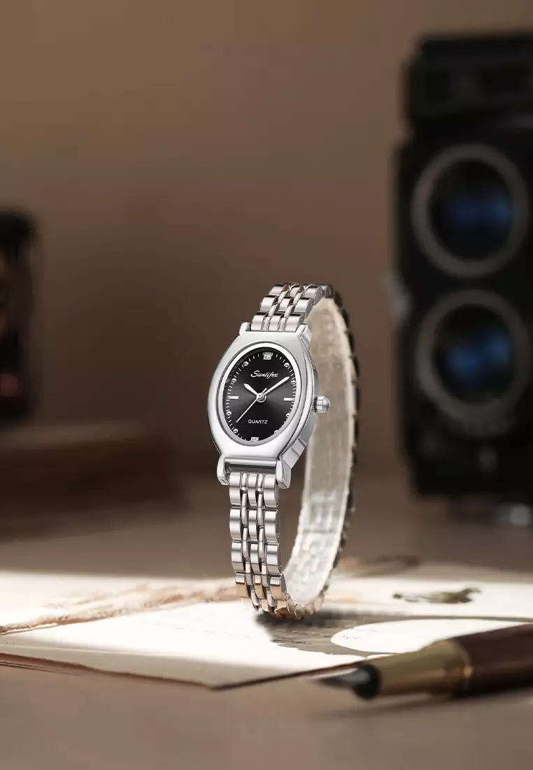 Jam Tangan Wanita Original Oval Korea Elegan Vintage Kuarsa Tali Alloy Jam Tangan CewekA008 silver black