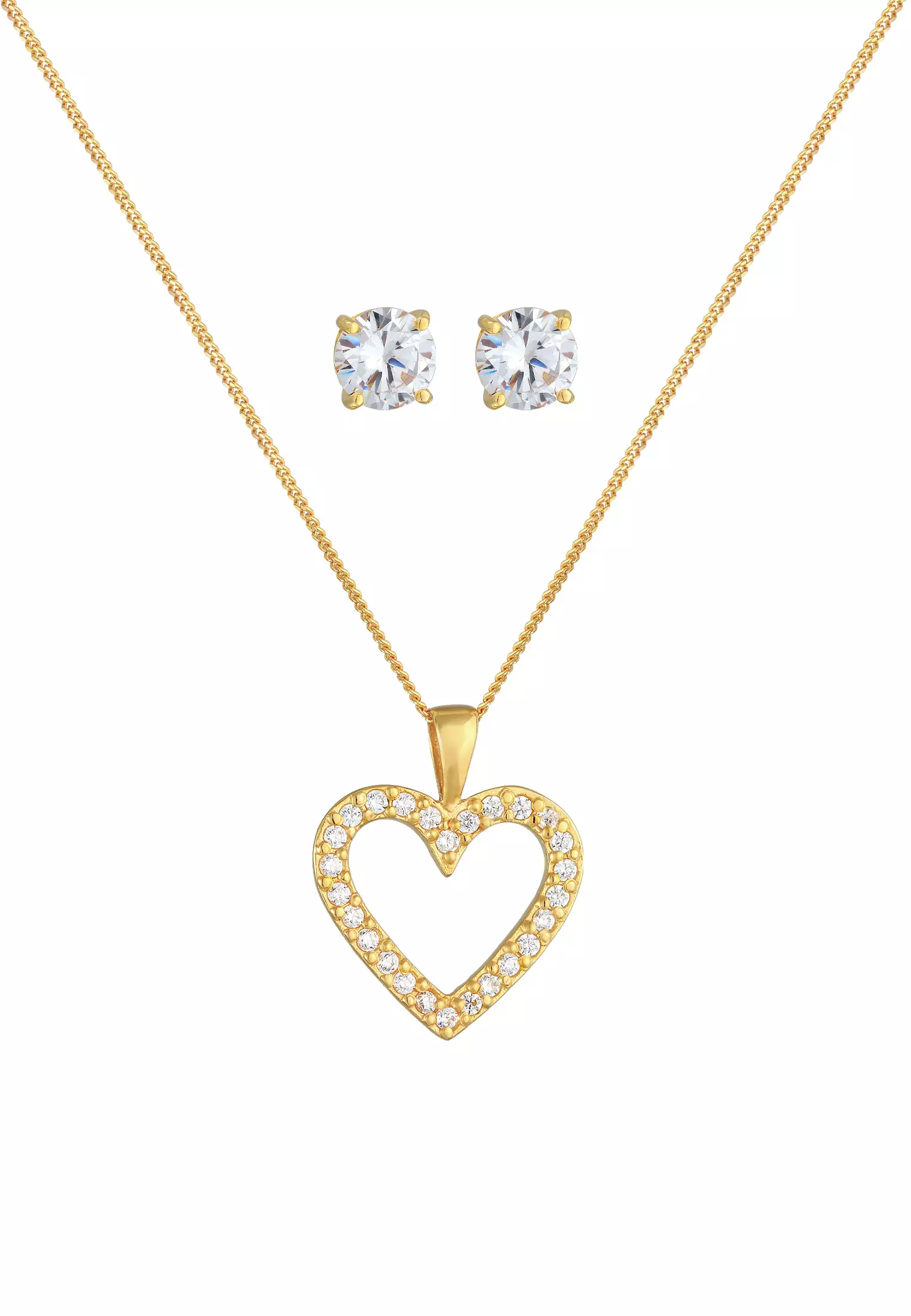 Jewelry Set Stud Heart Pendant Solitaire Cubic Zirconia Crystals Gold Plated