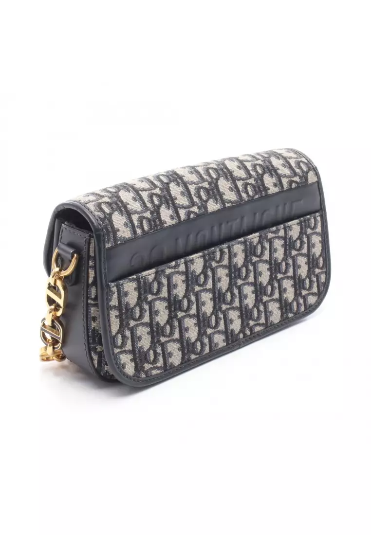 Pre-Loved Christian Dior 30 MONTAIGNE Montaigne oblique chain shoulder bag canvas leather Navy beige