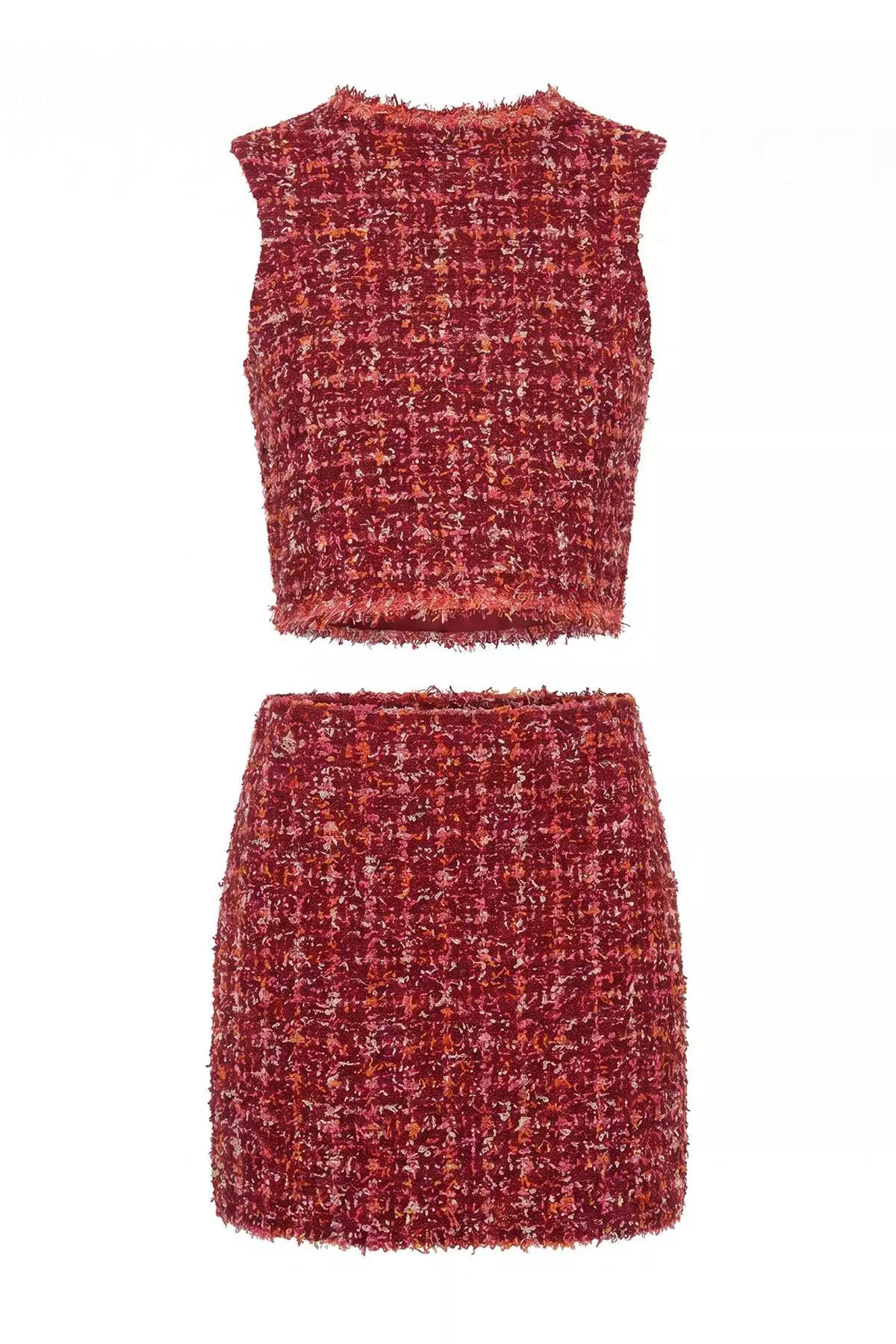 Dark Red Plaid/Checkered Crew Neck Blouse-Mini Skirt Knitwear Bottom - Top Set