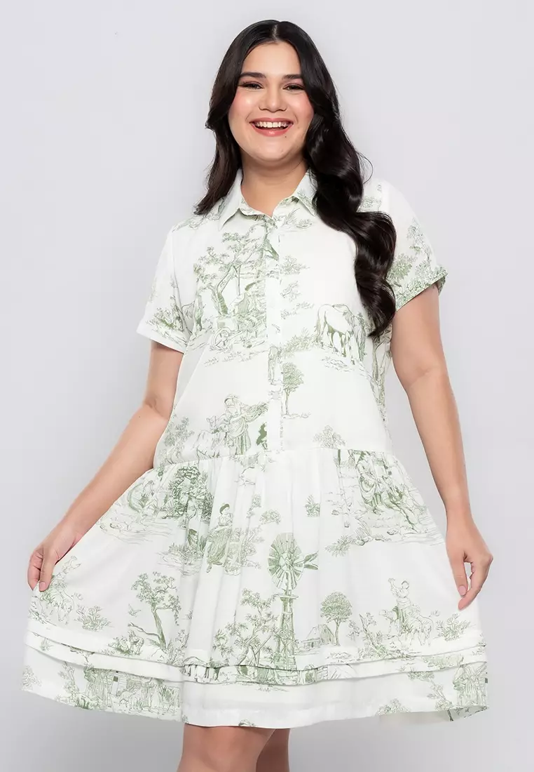 Milly Plus Size Magnolia Flounce Hem Shirt Dress in Graphic Nature Print