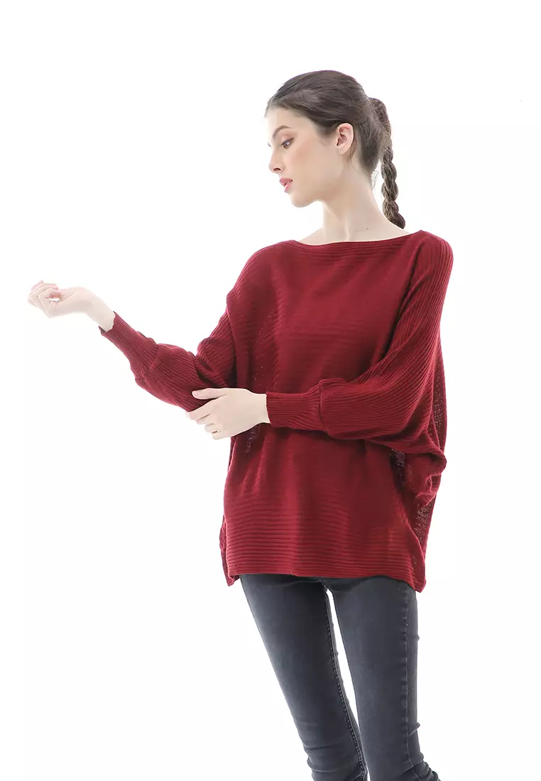 Eveline Sweater Rajut Batwing Atasan Wanita Motif Polos High Quality - Maroon