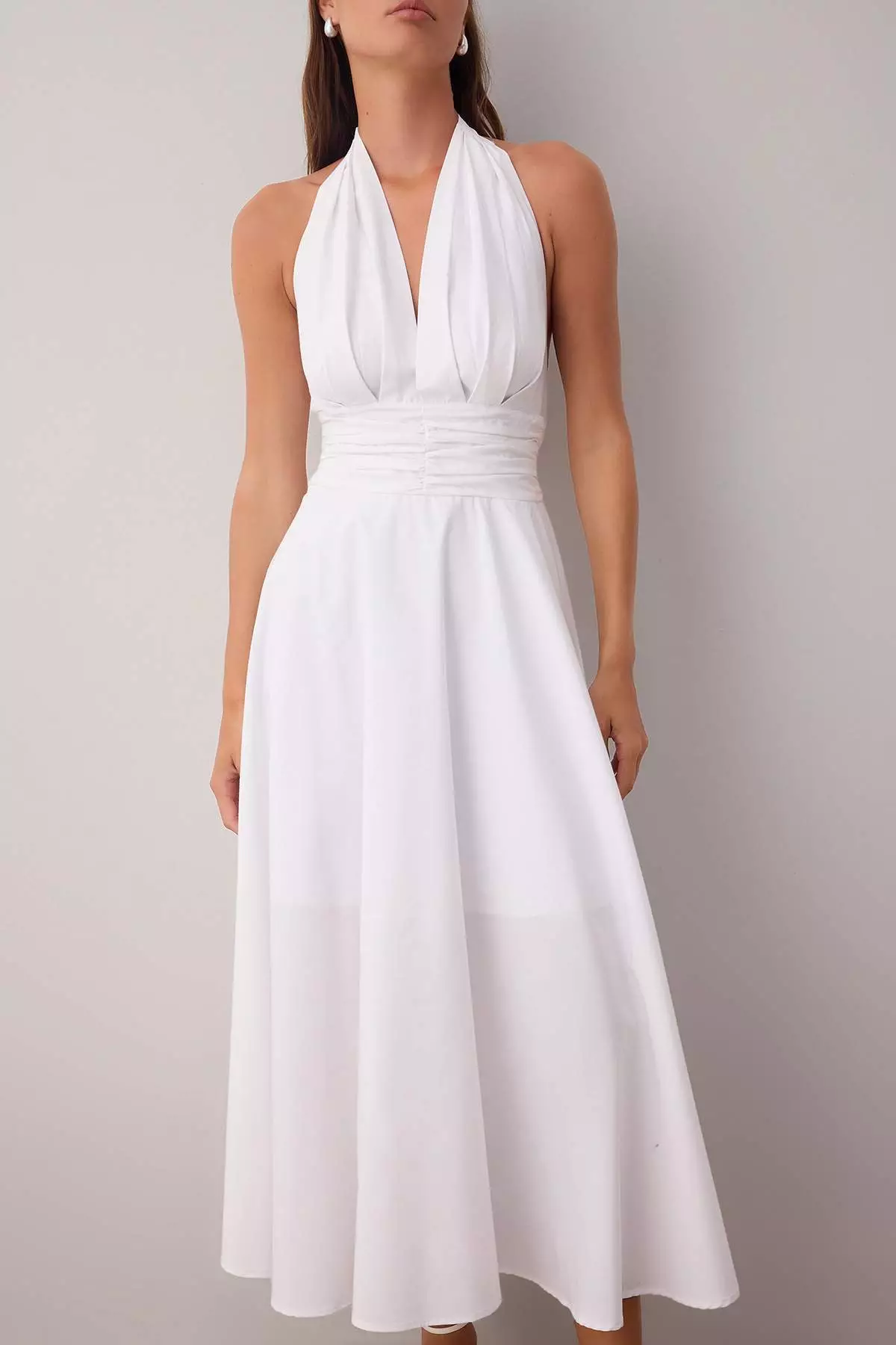 White Low-Cut Halter Neck Poplin Lined Woven Dress