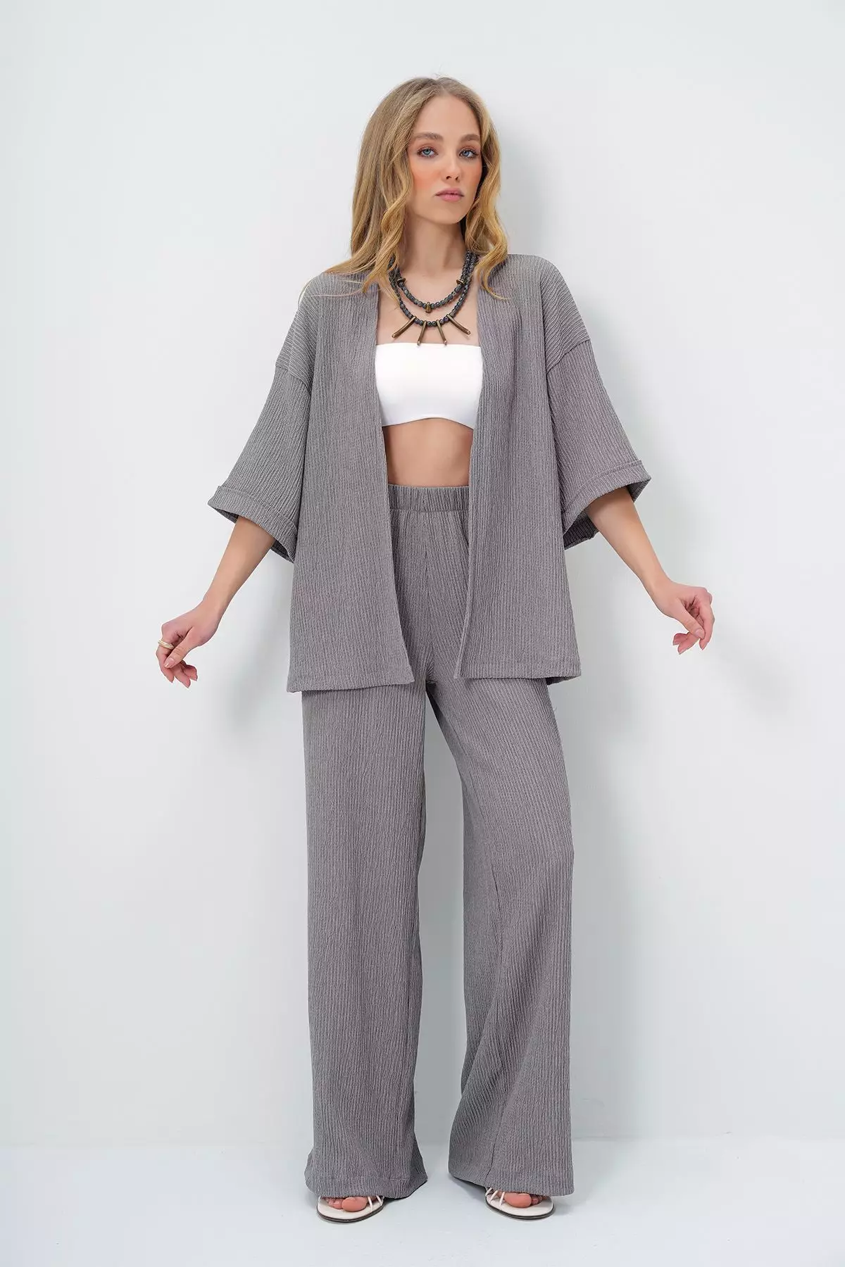 Women's Gray Double Sleeve Wrap Fabric Summer Kimono And Trouser Set