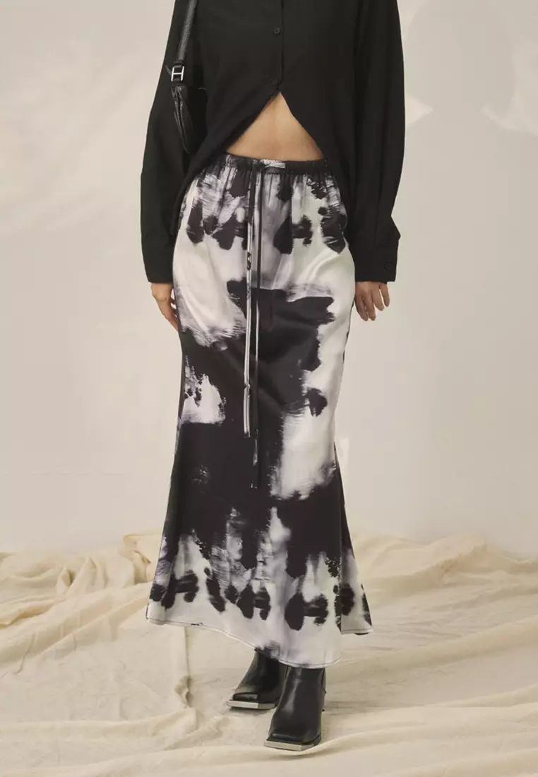 Drawstring Smudge Fishtail Maxi Skirt