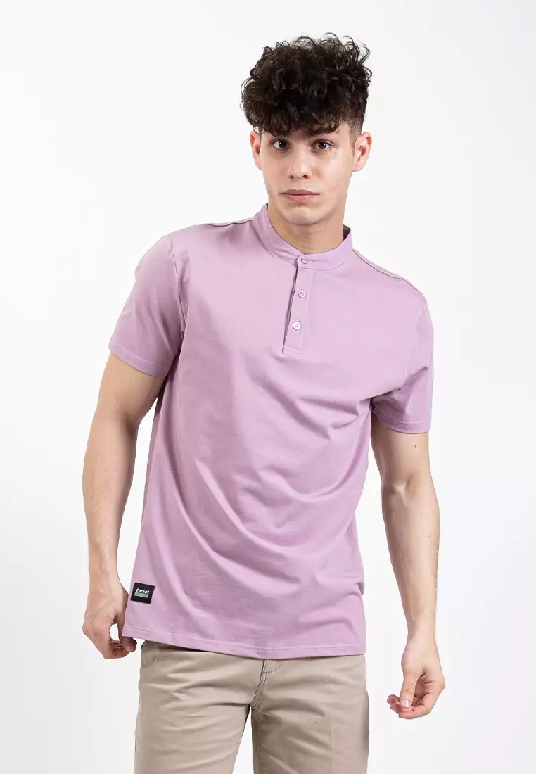 Forest Premium Weight Cotton Stretchable Mandarin Collar T Shirt Men Slim Fit Tee | 23856-76SmokePurple