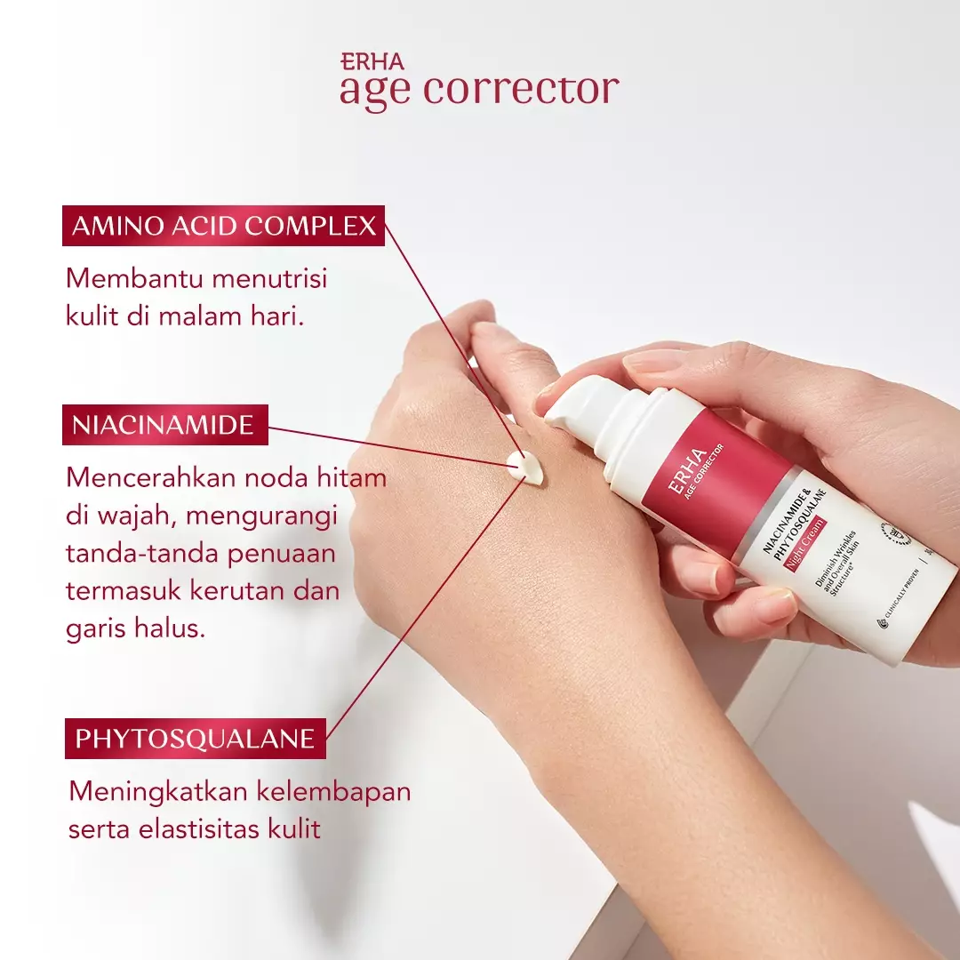 ERHA Age Corrector Niacinamide & Phytosqualane Night Cream 30g - Krim Malam Anti Aging | Melembabkan | Meremajakan Kulit | Meratakan Warna Kulit | Samarkan Garis Halus Keriput Kerutan | Moisturizer | Anti Penuaan | Pelembab