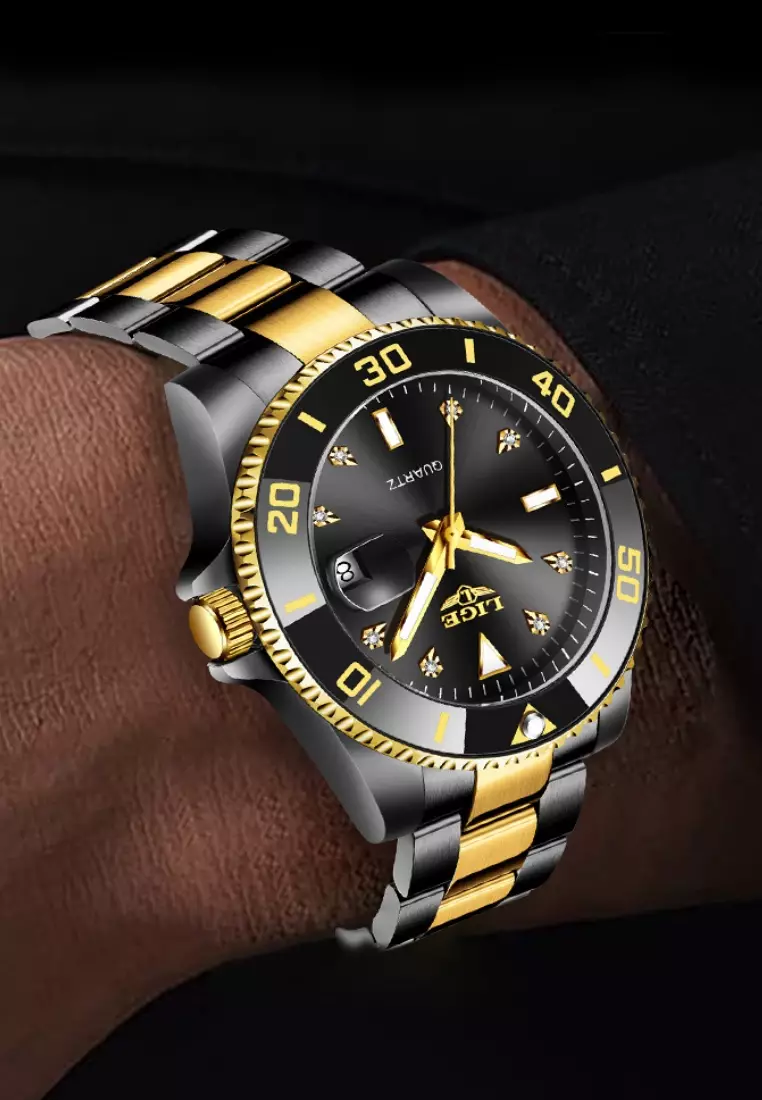 Unisex Classic Diver's IP Black Stainless Steel Quartz Watch, IP Black Stainless Steel Bracelet