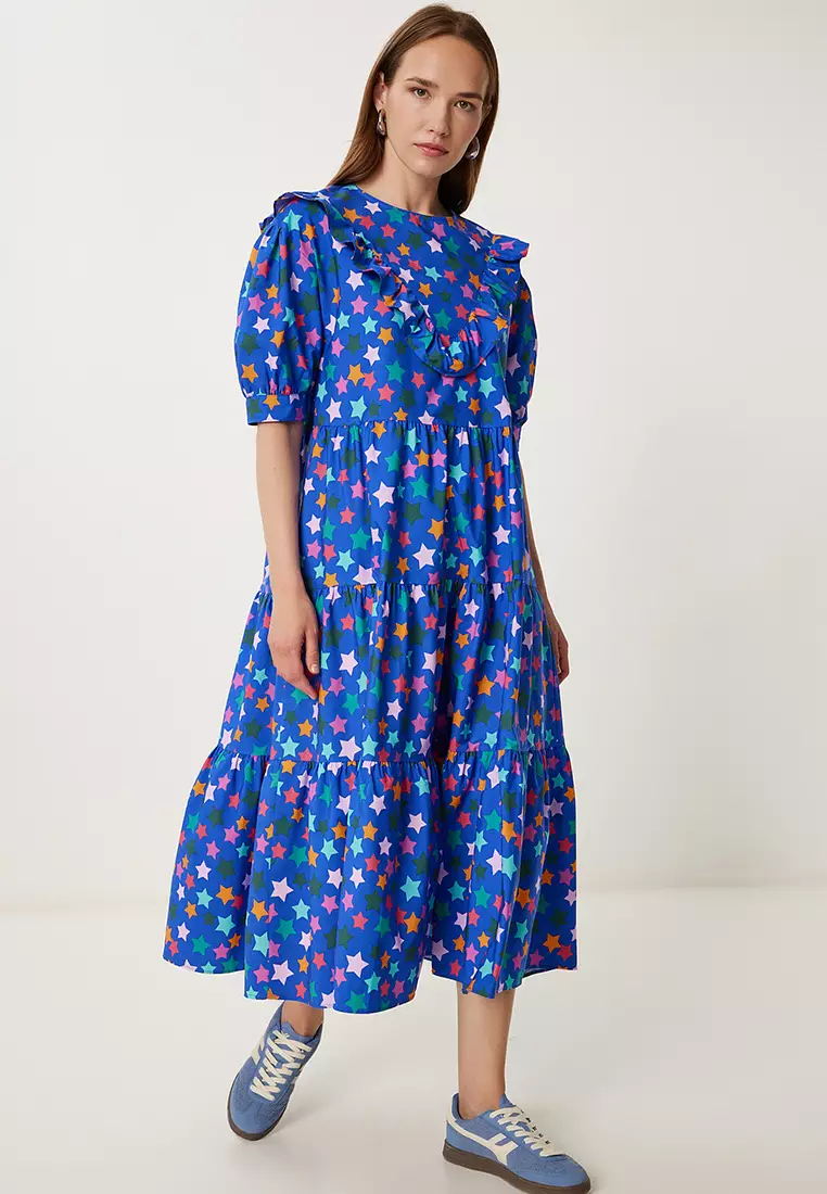 Women Dark Blue Patterned Summer Midi Poplin Dress Fk00032