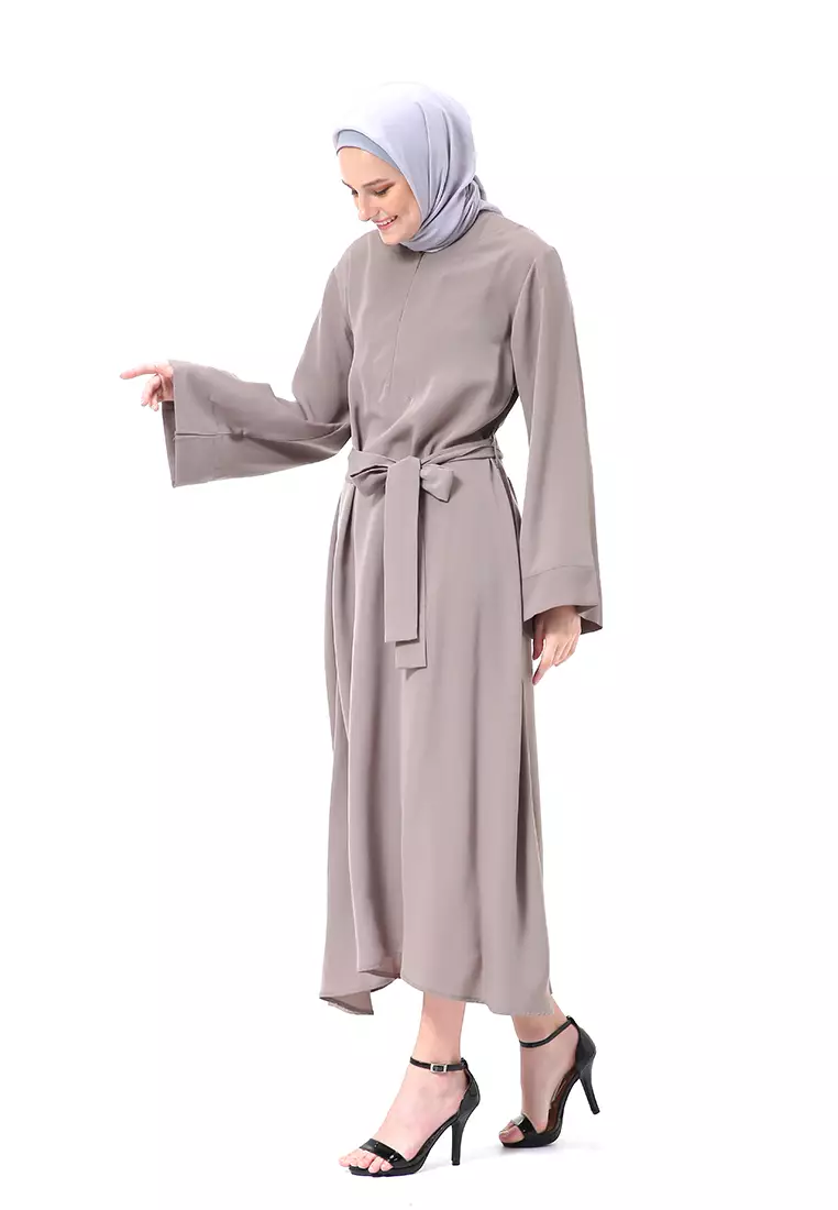 Khalisa Aiza Long Abaya Gamis Self Tie Belt Premium High Quality - Khaky