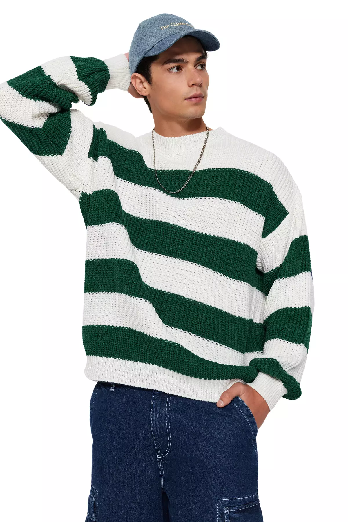 Dark Green Casual Oversize Fit Wide Fit Crew Neck Striped Knitwear Sweater Tmnaw23Kz00106