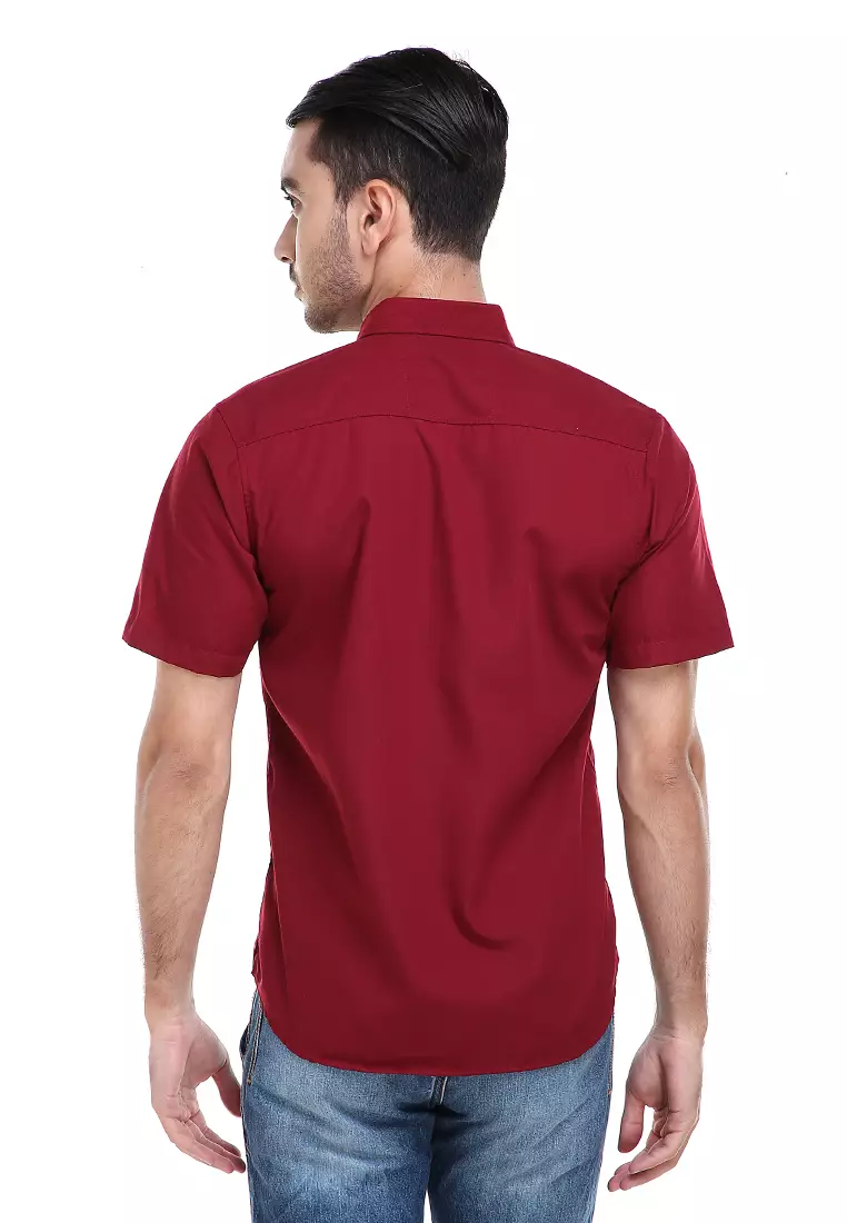Dwan Casual Shirt Kemeja Polos Pria Lengan Pendek Kasual Formal Material Cotton ORIGINAL - Maroon