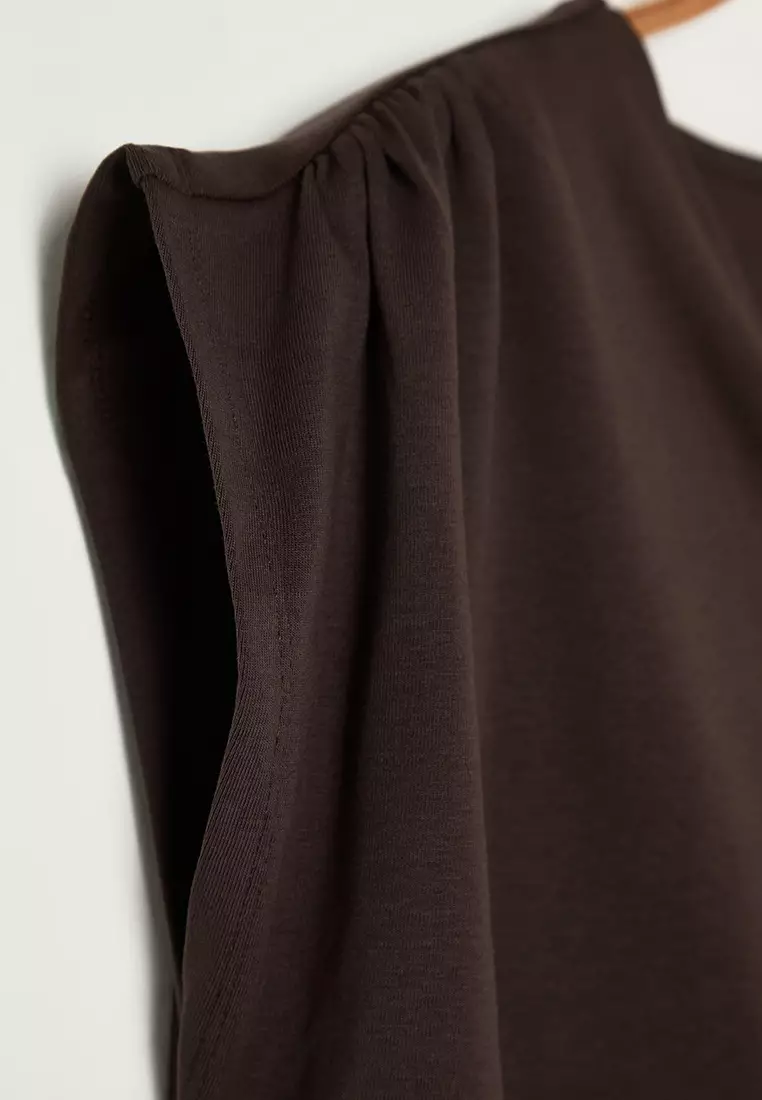 Brown Soft Fabric Asymmetrical Collar 100% Cotton Knitted Plus Size Blouse Tbbss25Af00002