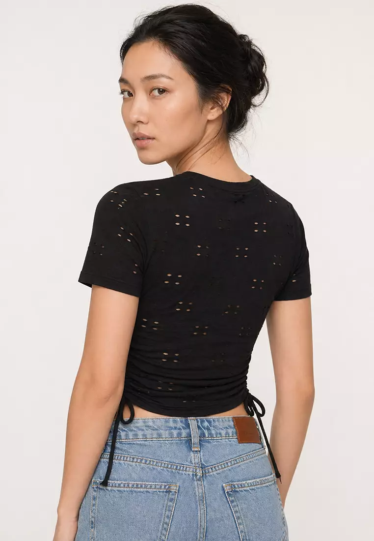 Women's Black Hole Openwork Side Gathered Blouse