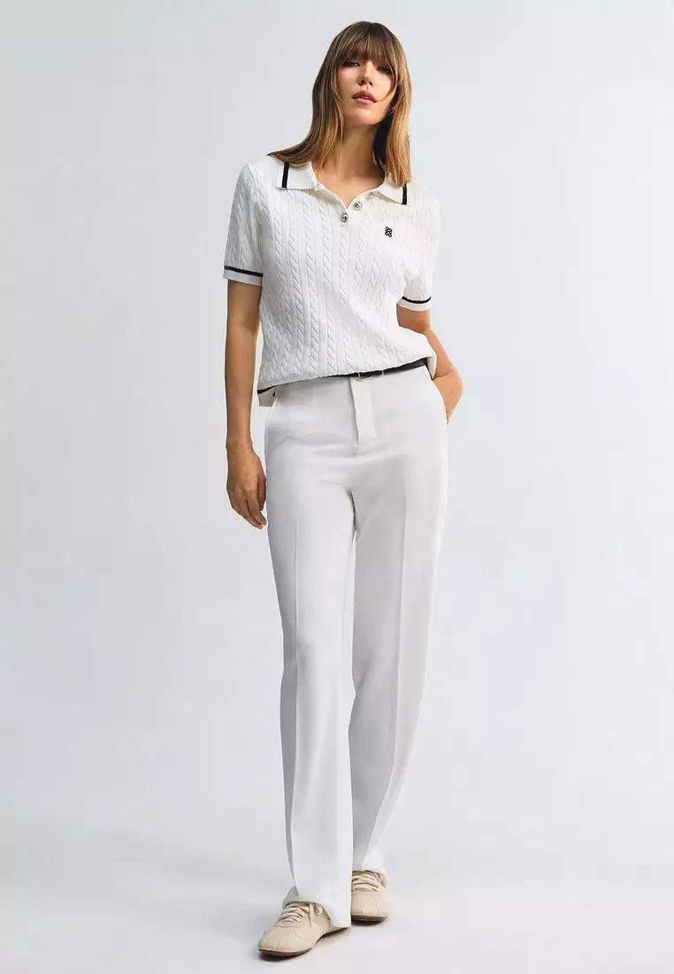 Cable Knitted Polo Top with Silver Hardware Detail - White