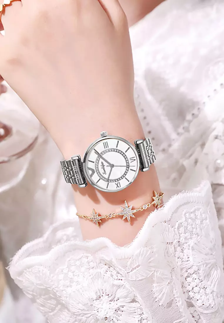 Jam Tangan Wanita Kuarsa Tali Stainless Steel Berlian Anggun Santai Jam Tangan Cewek silver white